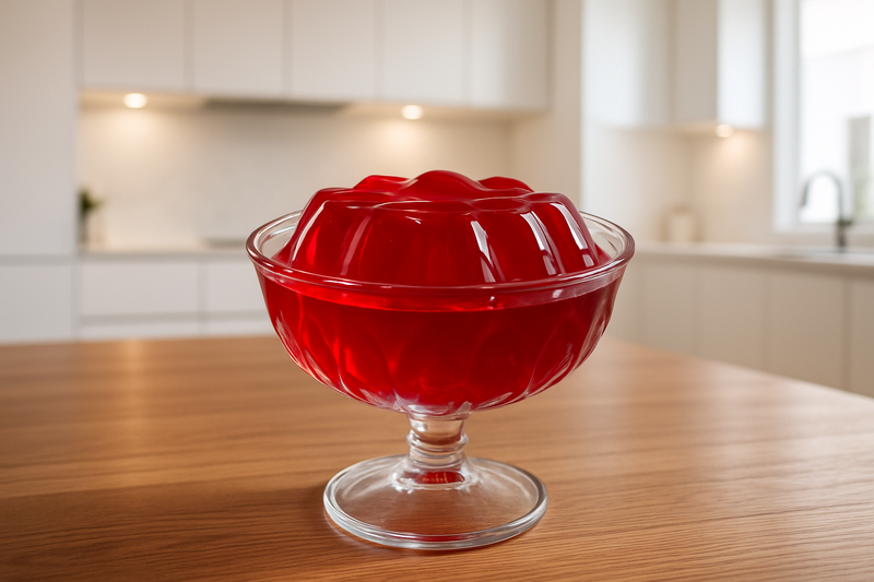 coloca una jelatina en un bol de vidrio encima de una mesa y detras  una cocina minimalista y bonita para tipo una merienda se deatlliasta con el bol y la gelatina debe ser roja