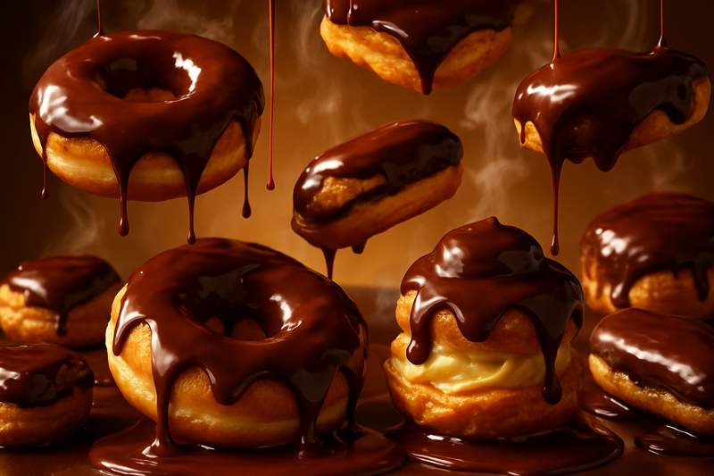 crea una lluvia de donas y postres que encima tenga crema de chocolate que se vea provocativa y sabrosa para los clientes y quiero que la imagen sea relacion 1:1 y pon detalles que den apetito al ver la imagenes