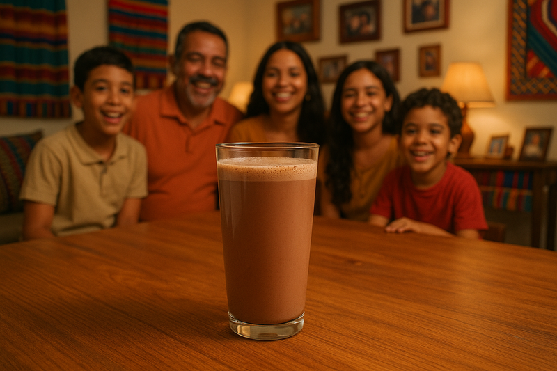 vaso de leche chocolatada sobre una mesa en con una familia detras de fondo venezolana